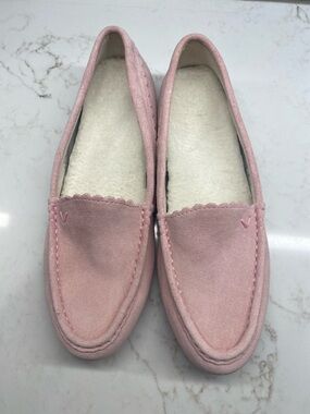 Vionic Pink Suede Plush-Lined Moccasin Slipper Flats Cozy Lounge Preppy Size 8
